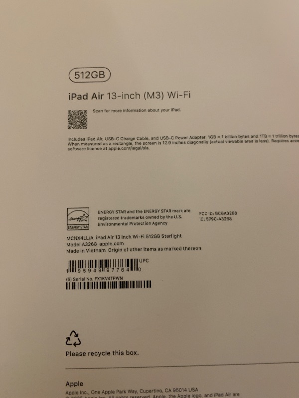 Photo 1 of Apple iPad Air 13-inch with M3 chip Built for Apple Intelligence, Liquid Retina Display, 512GB, 12MP Front/Back Camera, Wi-Fi 6E, Touch ID, All-Day Battery Life — Starlight