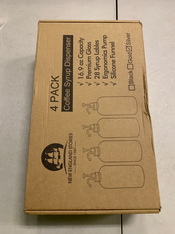 Photo 1 of 16.9 oz/500 ml Coffee Syrup Dispenser Set - 4 Glass Bottles with Silver Pumper and Syrup Labels - Precise Dispensing and Stylish Addition to Coffee Shop, Cafe or Home Bar