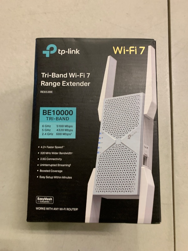 Photo 1 of TP-Link BE10000 Wi-Fi 7 Range Extender RE653BE | 10 Gbps Tri-Band Wireless Repeater | 2.5 Gbps Ethernet Port | Internet Signal Booster for Home | Up to 2800 sq.ft, 128 Devices | 6 GHz, MLO, EasyMesh