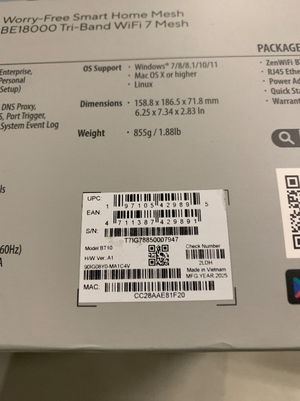 Photo 1 of ASUS ZenWiFi BT10 Tri-Band WiFi 7 Mesh, 18 Gbps, 6000 sq.ft (2pk), Dual 10G Ports, Security and Parental Controls Included, Smart Home Master SSIDs, 4G & 5G Mobile Tethering