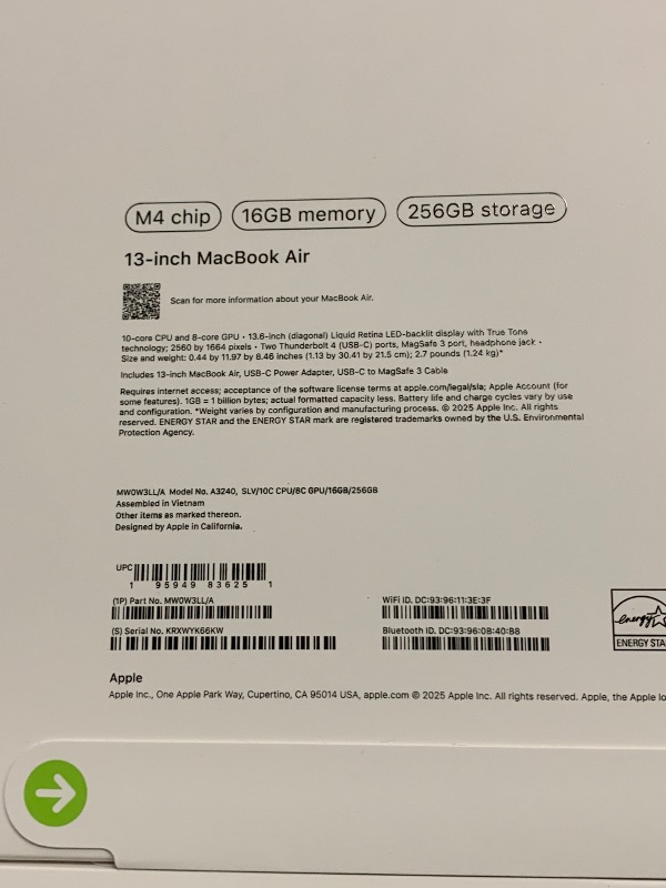 Photo 1 of Apple 2025 MacBook Air 13-inch Laptop with M4 chip: Built for Apple Intelligence, 13.6-inch Liquid Retina Display, 16GB Unified Memory, 256GB SSD Storage, 12MP Center Stage Camera, Touch ID; Silver