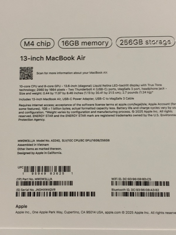 Photo 1 of Apple 2025 MacBook Air 13-inch Laptop with M4 chip: Built for Apple Intelligence, 13.6-inch Liquid Retina Display, 16GB Unified Memory, 256GB SSD Storage, 12MP Center Stage Camera, Touch ID; Silver