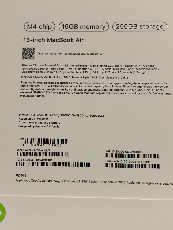Photo 1 of Apple 2025 MacBook Air 13-inch Laptop with M4 chip: Built for Apple Intelligence, 13.6-inch Liquid Retina Display, 16GB Unified Memory, 256GB SSD Storage, 12MP Center Stage Camera, Touch ID; Silver