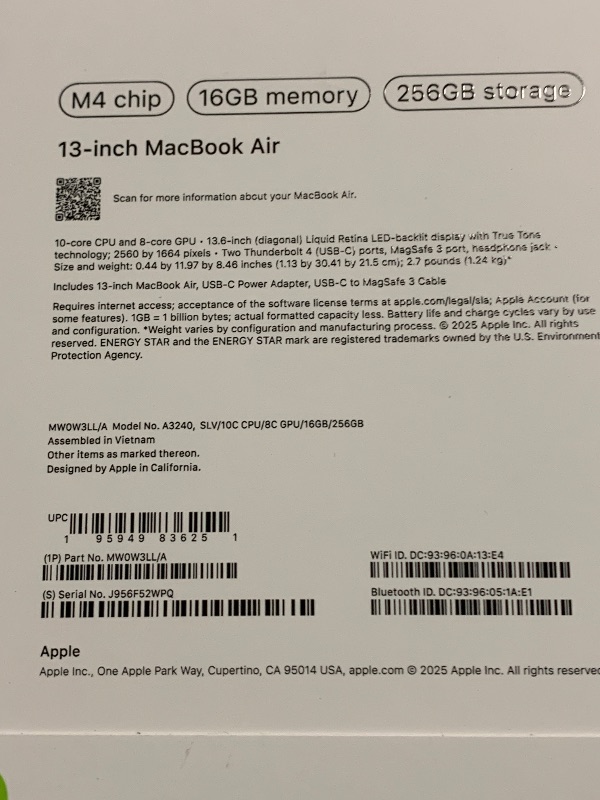 Photo 1 of Apple 2025 MacBook Air 13-inch Laptop with M4 chip: Built for Apple Intelligence, 13.6-inch Liquid Retina Display, 16GB Unified Memory, 256GB SSD Storage, 12MP Center Stage Camera, Touch ID; Silver