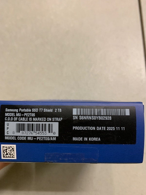 Photo 1 of Samsung T7 Shield 2TB, Portable SSD, up-to 1050MB/s, USB 3.2 Gen2, Rugged,IP65 Water & Dust Resistant, for Photographers, Content Creators and Gaming, Extenal Solid State Drive (MU-PE2T0S/AM), Black