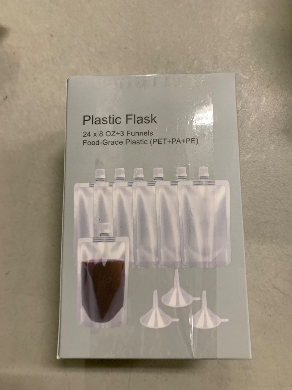 Photo 1 of 24 Pcs Plastic Flasks, 8 Oz Concealable and Reusable Drink Pouches, Leak-Proof Food Grade Plastic for Travel (8OZ-24PCS +3 Funnels)