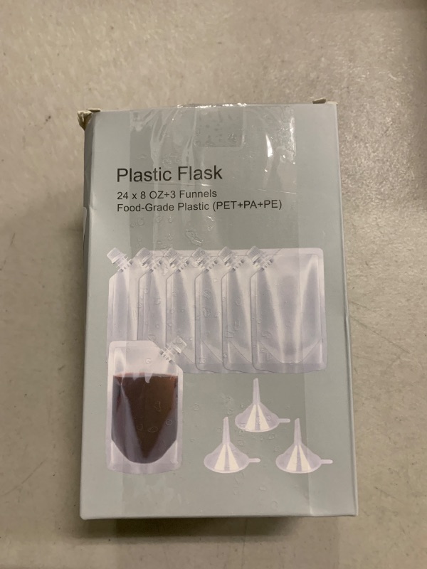Photo 1 of 24 Pcs Plastic Flasks, 8 Oz Concealable and Reusable Drink Pouches, Leak-Proof Food Grade Plastic for Travel (8OZ-24PCS +3 Funnels)