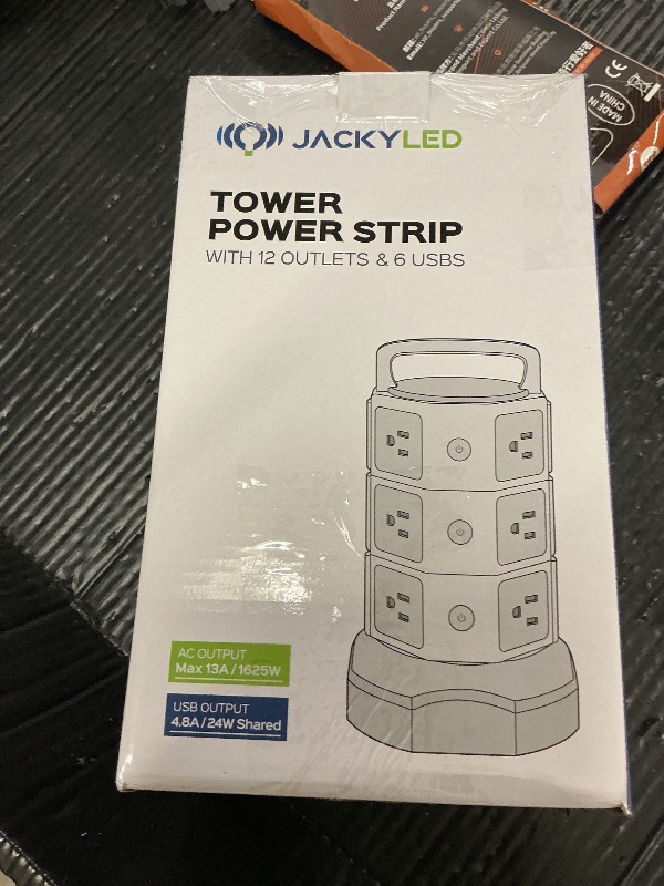 Photo 1 of ?10ft? Power Strip Tower JACKYLED Surge Protector Electric Charging Station with 13A 12 Outlets 6 USB Ports Heavy Duty Extension Cord for Home Office Computer Nightstand Laptop Phone White Black