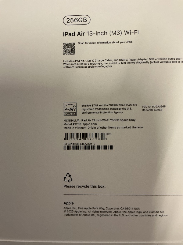 Photo 1 of FACTORY SEALED— Apple iPad Air 13-inch with M3 chip Built for Apple Intelligence, Liquid Retina Display, 256GB, 12MP Front/Back Camera, Wi-Fi 6E, Touch ID, All-Day Battery Life — Space Gray