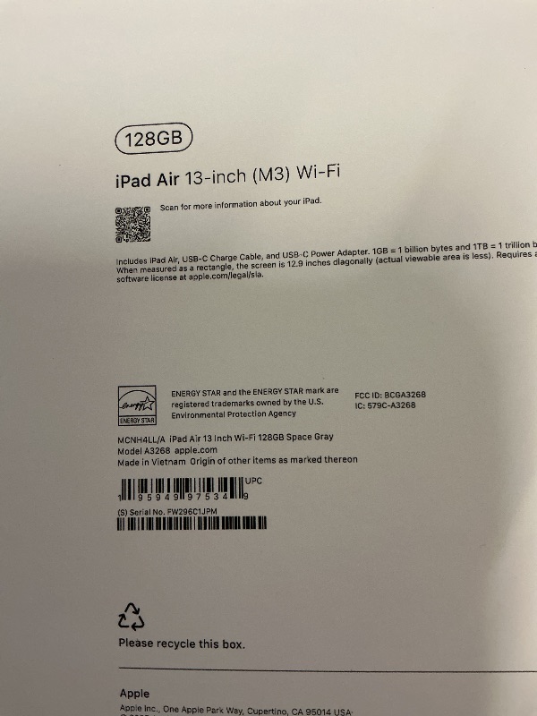 Photo 1 of FACTORY SEALED— Apple iPad Air 13-inch with M3 chip Built for Apple Intelligence, Liquid Retina Display, 128GB, 12MP Front/Back Camera, Wi-Fi 6E, Touch ID, All-Day Battery Life — Space Gray
