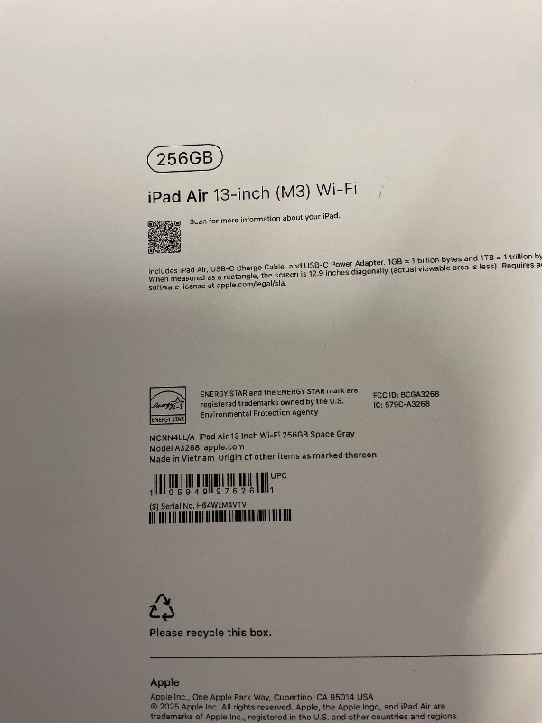 Photo 1 of FACTORY SEALED— Apple iPad Air 13-inch with M3 chip Built for Apple Intelligence, Liquid Retina Display, 256GB, 12MP Front/Back Camera, Wi-Fi 6E, Touch ID, All-Day Battery Life — Space Gray