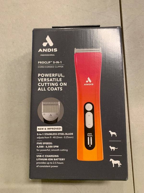 Photo 1 of Andis 562745 ProClip 5-in-1 Adjustable Blade Cord/Cordless Pet Hair Clipper, 5 Blade Settings, 5 Speeds, Feather Light, Digital Display Screen, Sunset