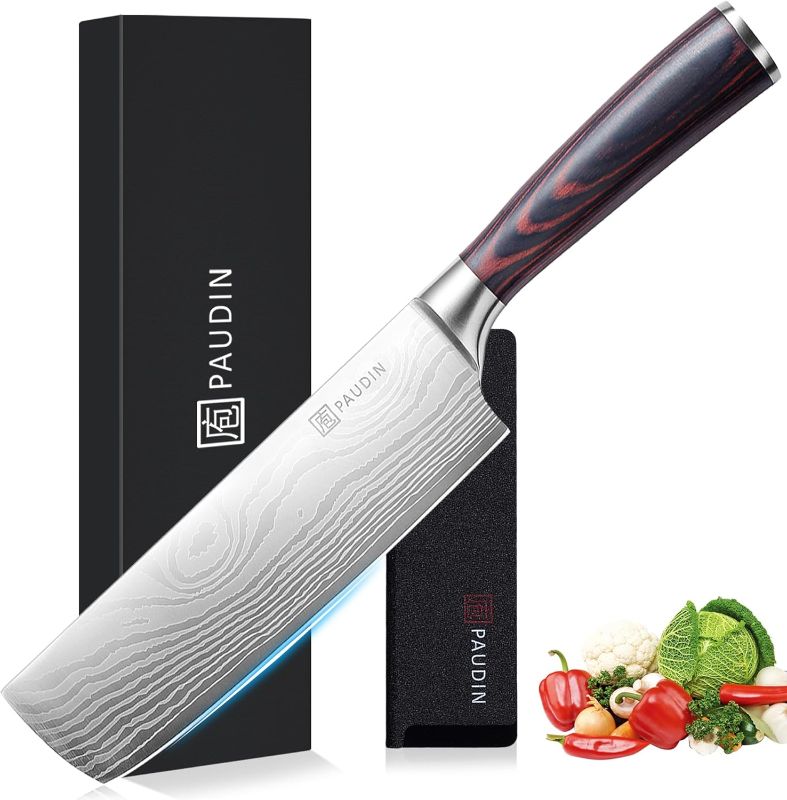 Photo 1 of PAUDIN Nakiri Knife - 7" Razor Sharp Meat Cleaver and Vegetable Kitchen Knife, High Carbon Stainless Steel, Multipurpose Asian Chef Knife for Home and Kitchen with Ergonomic Handle