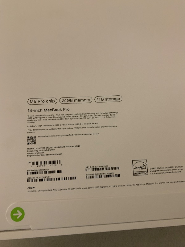 Photo 1 of Apple 2026 MacBook Pro Laptop with Apple M5 Pro chip with 15-core CPU and 16-core GPU: Built for AI, 14.2-inch Liquid Retina XDR Display, 24GB Unified Memory, 1TB SSD, Wi-Fi 7; Silver