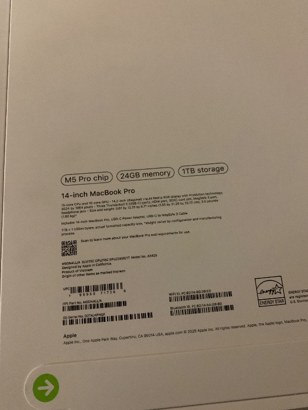 Photo 1 of Apple 2026 MacBook Pro Laptop with Apple M5 Pro chip with 15-core CPU and 16-core GPU: Built for AI, 14.2-inch Liquid Retina XDR Display, 24GB Unified Memory, 1TB SSD, Wi-Fi 7; Silver