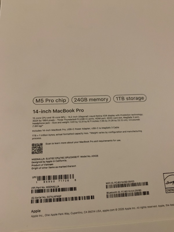 Photo 1 of Apple 2026 MacBook Pro Laptop with Apple M5 Pro chip with 15-core CPU and 16-core GPU: Built for AI, 14.2-inch Liquid Retina XDR Display, 24GB Unified Memory, 1TB SSD, Wi-Fi 7; Silver