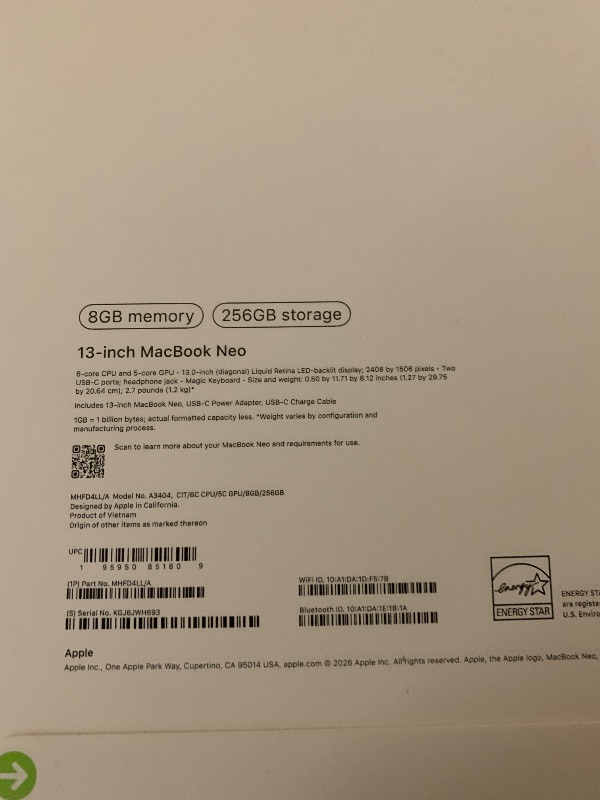 Photo 1 of Apple 2026 MacBook Neo 13-inch Laptop with A18 Pro chip: Built for AI and Apple Intelligence, Liquid Retina Display, 8GB Unified Memory, 256GB SSD Storage, 1080p FaceTime HD Camera; Citrus