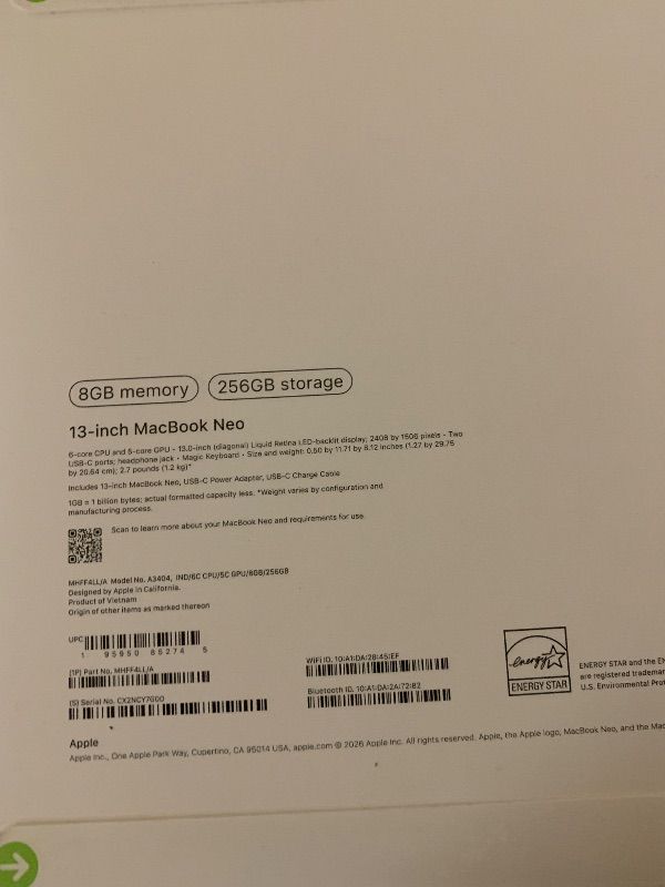 Photo 1 of Apple 2026 MacBook Neo 13-inch Laptop with A18 Pro chip: Built for AI and Apple Intelligence, Liquid Retina Display, 8GB Unified Memory, 256GB SSD Storage, 1080p FaceTime HD Camera; Indigo