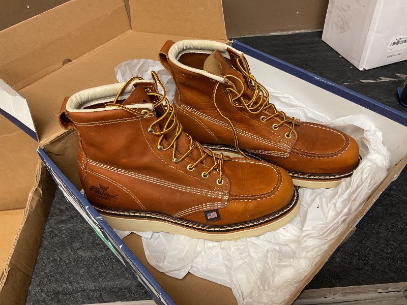 Photo 1 of Thorogood American Heritage 6” Moc Toe Work Boots for Men - Soft Toe, Premium Full-Grain Leather with Slip-Resistant Wedge Outsole and Comfort Insole; EH Rated, Tobacco - 8.5 D