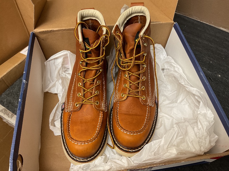 Photo 1 of Thorogood American Heritage 6” Moc Toe Work Boots for Men - Soft Toe, Premium Full-Grain Leather with Slip-Resistant Wedge Outsole and Comfort Insole; EH Rated, Tobacco - 8.5 D