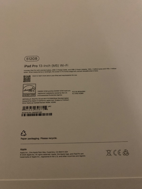 Photo 1 of Apple iPad Pro 13-inch (M5): Ultra Retina XDR Display, 512GB, Landscape 12MP Front Camera/12MP Back Camera, LiDAR Scanner, Wi-Fi 7 with Apple N1, Face ID, All-Day Battery Life — Silver