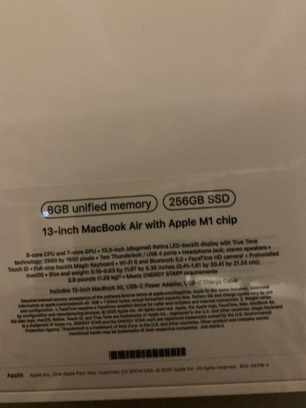 Photo 1 of 2020 Apple MacBook Air Laptop: Apple M1 Chip, 13” Retina Display, 8GB RAM, 256GB SSD Storage, Backlit Keyboard, FaceTime HD Camera, Touch ID. Works with iPhone/iPad; Silver