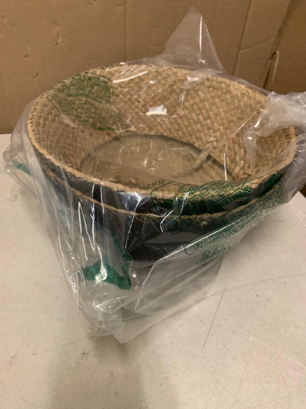 Photo 1 of 2Pcs Basket for Plant Artificial Trees, 13x11 Inch Seagrass Wicker Pots, Woven Planter Set Eco-Friendly Round Boho Holder Base with Handles for Home Decor Indoor Storage Solution, Black Bottom Pattern