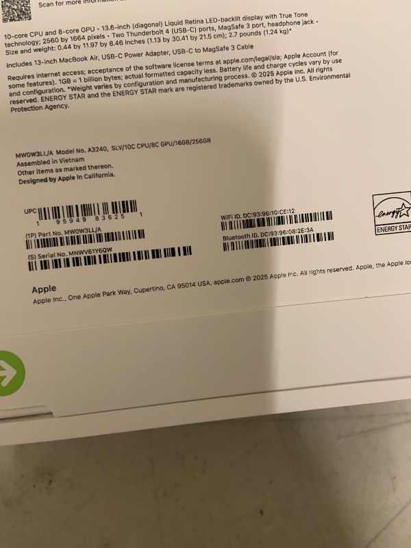 Photo 1 of Apple 2025 MacBook Air 13-inch Laptop with M4 chip: Built for Apple Intelligence, 13.6-inch Liquid Retina Display, 16GB Unified Memory, 256GB SSD Storage, 12MP Center Stage Camera, Touch ID; Silver