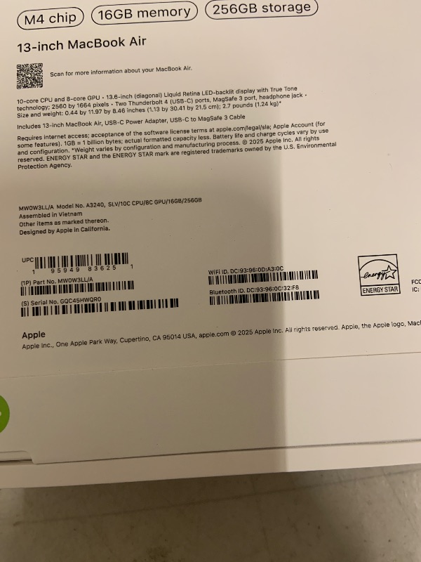 Photo 1 of Apple 2025 MacBook Air 13-inch Laptop with M4 chip: Built for Apple Intelligence, 13.6-inch Liquid Retina Display, 16GB Unified Memory, 256GB SSD Storage, 12MP Center Stage Camera, Touch ID; Silver