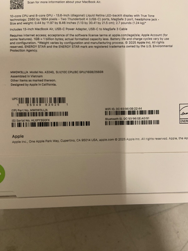 Photo 1 of Apple 2025 MacBook Air 13-inch Laptop with M4 chip: Built for Apple Intelligence, 13.6-inch Liquid Retina Display, 16GB Unified Memory, 256GB SSD Storage, 12MP Center Stage Camera, Touch ID; Silver