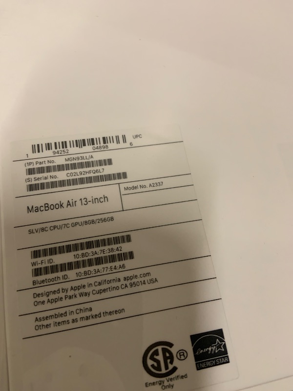 Photo 1 of 2020 Apple MacBook Air Laptop: Apple M1 Chip, 13” Retina Display, 8GB RAM, 256GB SSD Storage, Backlit Keyboard, FaceTime HD Camera, Touch ID. Works with iPhone/iPad; Silver