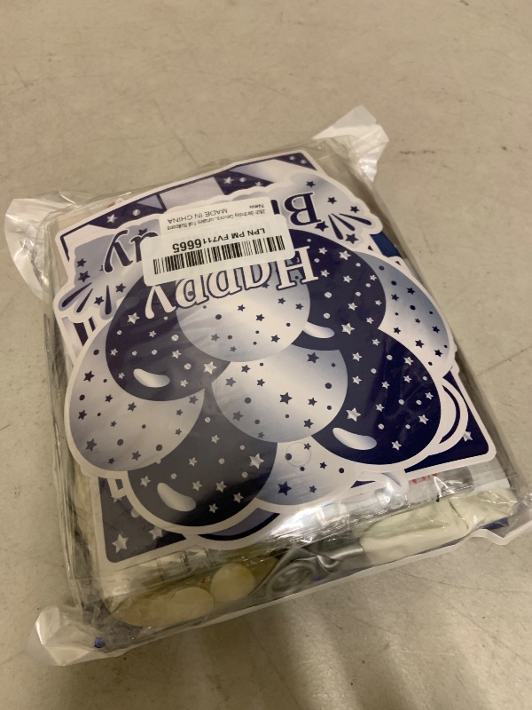 Photo 1 of 28th Birthday Decorations, Blue and Silver Happy Birthday Decorations for Boys Girls, Navy Blue 28th Birthday Party Packs with Banner Balloons Silver Fringe Curtains Foil Balloons