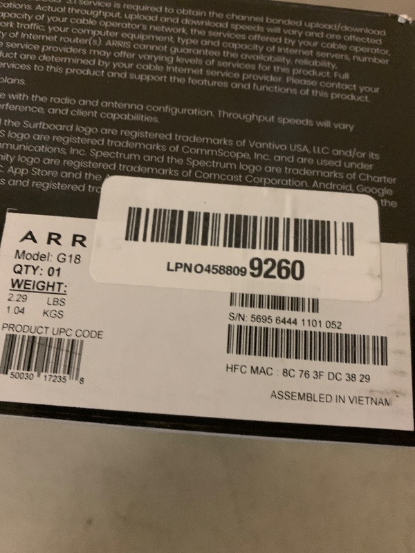 Photo 1 of Arris (G18) - Cable Modem Router Combo - Fast DOCSIS 3.1 Multi-Gigabit WiFi 6 (AX1800), Approved for Comcast Xfinity, Cox, Spectrum & More