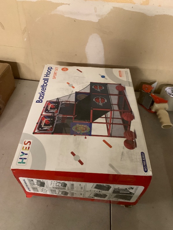 Photo 1 of HYES 2 in 1 Dual Shot Basketball Arcade Game with 2 Dart Boards/Electronic Scoreboard/LED Light, Kids Basketball Hoop for Home Indoor Outdoor, Sport Toys for Boys Girls