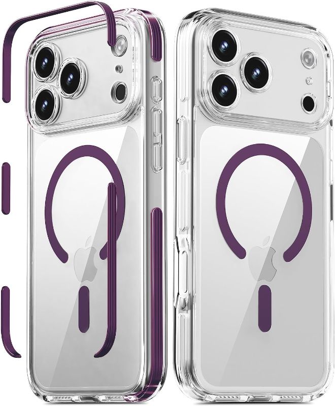 Photo 1 of COOLQO for iPhone 17 Pro Case: Clear Magnetic Phone Cases with Detachable DIY Soft Strip and Camera Cover Compatible with MagSafe Slim Anti Yellowing Shockproof Protective Phone Bumper, Purple