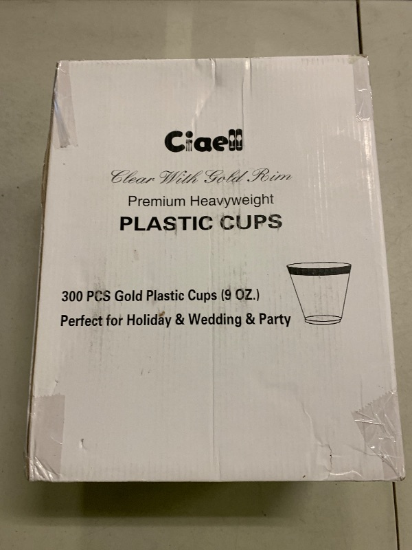 Photo 1 of Ciaell 300PCS Gold Plastic Cups - 9Oz Heavy Duty Plastic Cups - Gold Rimmed Disposable Cup - Disposable Clear Wine Cup with Gold Rim for Party & Wedding