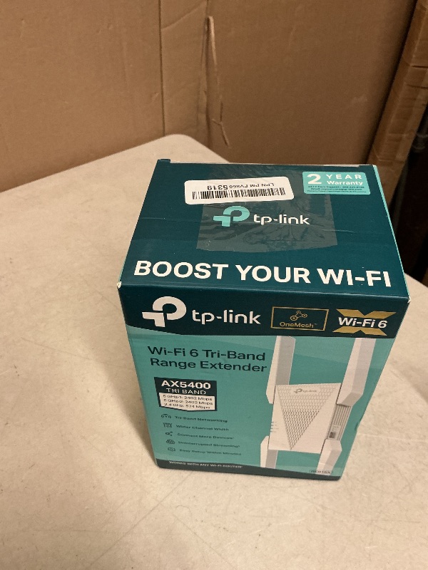 Photo 1 of TP-Link RE815X AX5400 WiFi 6 Range Extender w/Ethernet Port | 5.4 Gbps Tri-Band Wireless Repeater Amplifier | Up to 2800 Sq. Ft., 96 Devices | Internet Signal Booster | 160 MHz | APP Setup | OneMesh