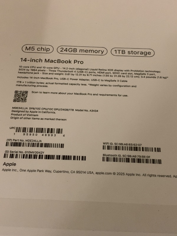 Photo 1 of Apple 2025 MacBook Pro Laptop with M5 chip with 10?core CPU and 10?core GPU: Built for Apple Intelligence, 14.2-inch Liquid Retina XDR Display, 24GB Unified Memory, 1TB SSD Storage; Space Black