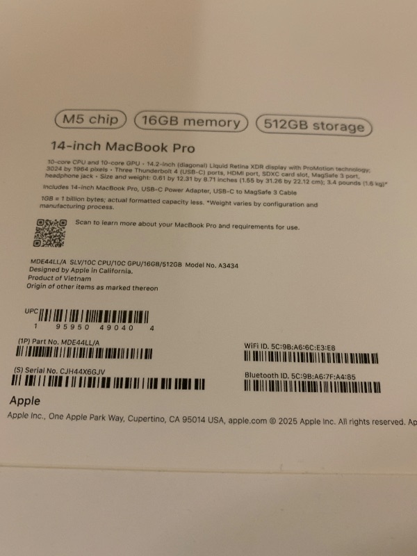 Photo 1 of Apple 2025 MacBook Pro Laptop with M5 chip with 10?core CPU and 10?core GPU: Built for Apple Intelligence, 14.2-inch Liquid Retina XDR Display, 16GB Unified Memory, 512GB SSD Storage; Silver