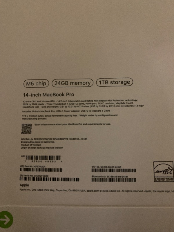 Photo 1 of Apple 2025 MacBook Pro Laptop with M5 chip with 10?core CPU and 10?core GPU: Built for Apple Intelligence, 14.2-inch Liquid Retina XDR Display, 24GB Unified Memory, 1TB SSD Storage; Space Black