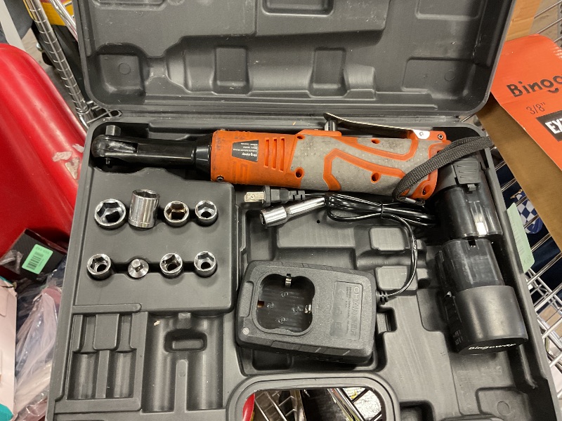 Photo 1 of 3/8" Extended Electric Ratchet Wrench Set, 45ft-lbs(61N.m) 16V Cordless Long Neck Power Ratchet Wrench Kit with 2pcs Batteries, LED Light, 9 Sockets, Toolbox, Variable Speed, For Housework, Car Repair