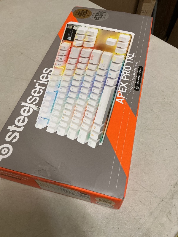 Photo 1 of SteelSeries Apex Pro TKL Gen 3 White OmniPoint 3.0 Switches — Adjustable Actuation — Rapid Trigger — Game-Ready Presets — Protection Mode — Rapid Tap/SOCD — OLED — RGB — PBT Keycaps — USB-C