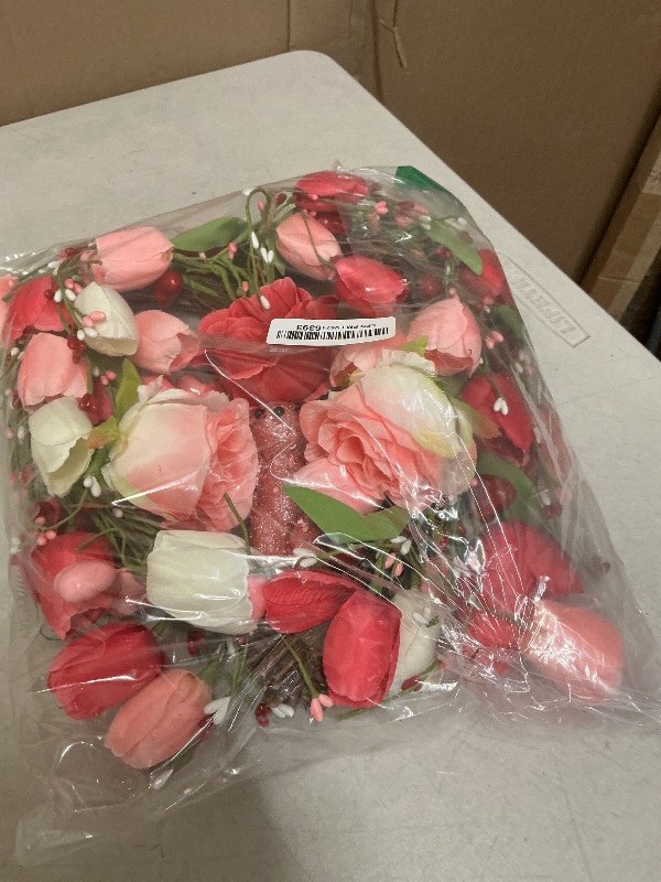 Photo 1 of DIYFLORU 18 Inches Valentines Wreaths for Front Door Romantic Valentine Heart Wreath with Red White Pink Tulip Rose Valentine Flower Wreath for Window Wall Porch Indoor Outdoor Hanging