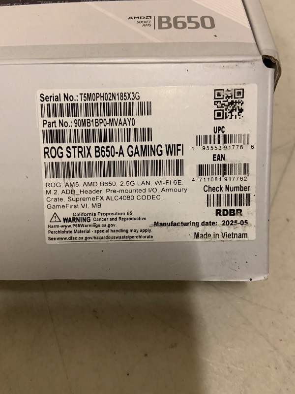 Photo 1 of ASUS ROG Strix B650-A Gaming WiFi AMD B650 AM5 Ryzen™ Desktop 9000 8000 & 7000 ATX motherboard, 12 + 2 power stages, DDR5, 3x M.2 slot, PCIe® 4.0, 2.5G LAN, WiFi 6E, USB 3.2 Gen 2x2 Type-C®, Aura Sync