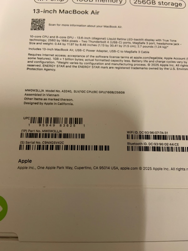 Photo 1 of Apple 2025 MacBook Air 13-inch Laptop with M4 chip: Built for Apple Intelligence, 13.6-inch Liquid Retina Display, 16GB Unified Memory, 256GB SSD Storage, 12MP Center Stage Camera, Touch ID; Silver