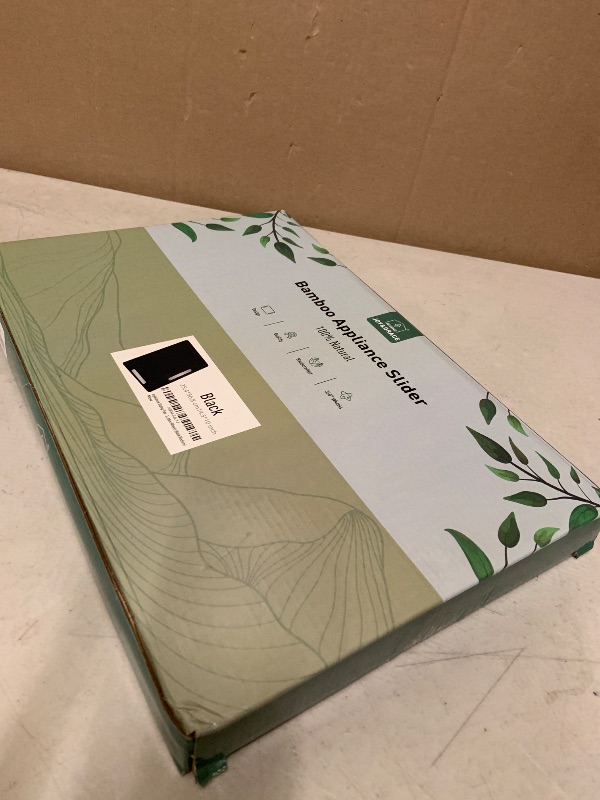 Photo 1 of Joy&Grace Appliance Slider for Kitchen Appliances 360° Rolling Sliding Tray for Coffee Maker Countertop, Bamboo Coffee Pot Slider Rolling Tray (Black, Medium 14.5" x 10")