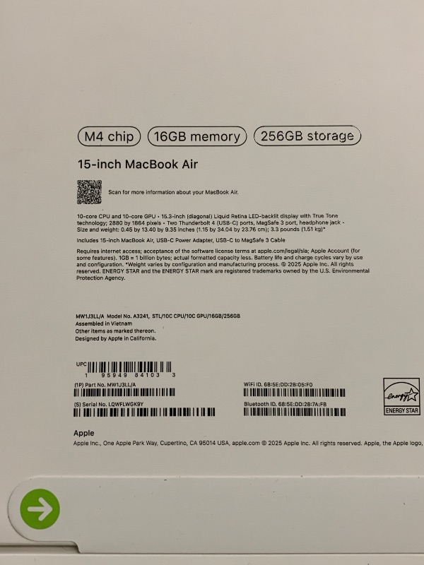 Photo 1 of Apple 2025 MacBook Air 15-inch Laptop with M4 chip: Built for Apple Intelligence, 15.3-inch Liquid Retina Display, 16GB Unified Memory, 256GB SSD Storage, 12MP Center Stage Camera, Touch ID; Starlight