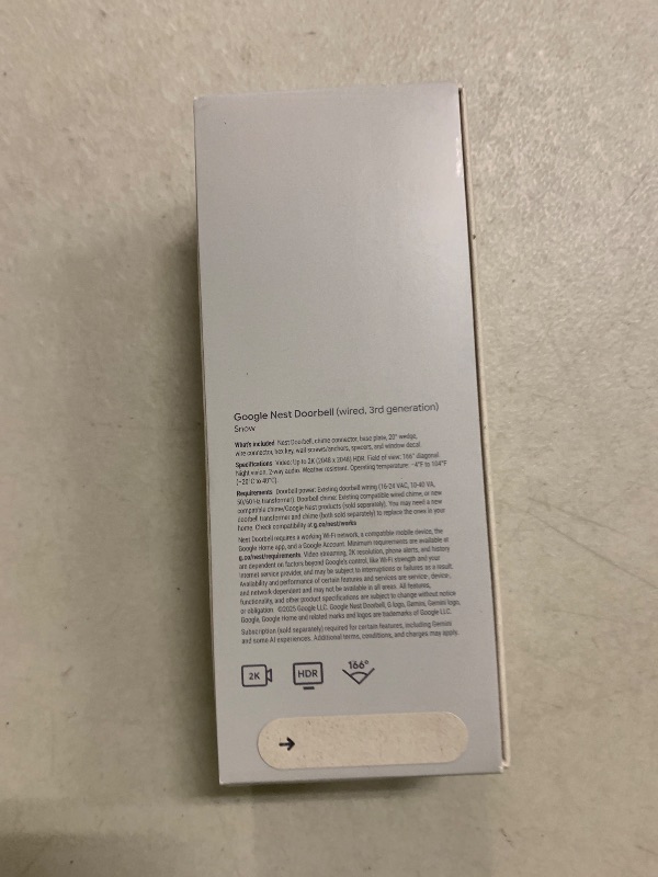 Photo 1 of Google Nest Doorbell (Wired, 3rd Gen) - 2K Video and Gemini, Live View, Night Vision, 2-Way Audio - Works with Google Home - 2025 Model - Snow