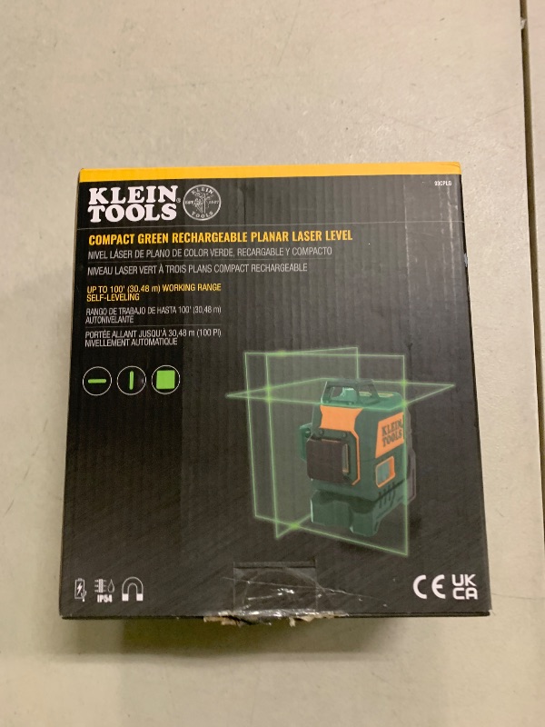 Photo 1 of Klein Tools 93CPLG Compact Self-Leveling Laser Level, Bright Green Cross Line 360-Degree Laser Planes, Class 2 ? 1mW, Rechargeable, Magnetic Mount