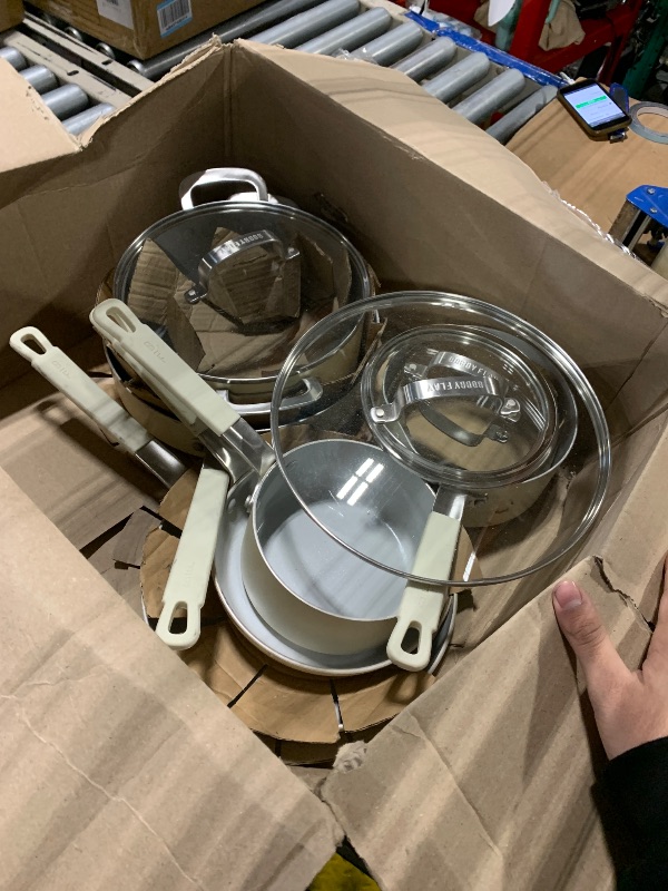 Photo 1 of **HAS DAMAGE**
GreenPan x Bobby Flay 13 Piece Nonstick Cookware Pots and Pans Set, PFAS-Free Diamond Ceramic, Induction Suitable, Easy Clean Dishwasher & Oven Safe, Stay-Cool Silicone Handles, Glass Lids, Cream